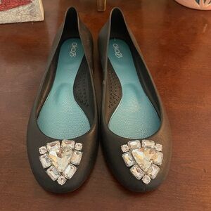 Oka B Womens Black Matte Jelly Flats with Jewel Embellishment NWOB 9 Comfy Glam